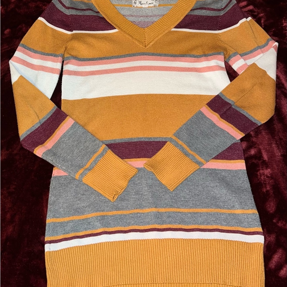 Moon Collection Mustard and Gray Striped V-Neck Sweater